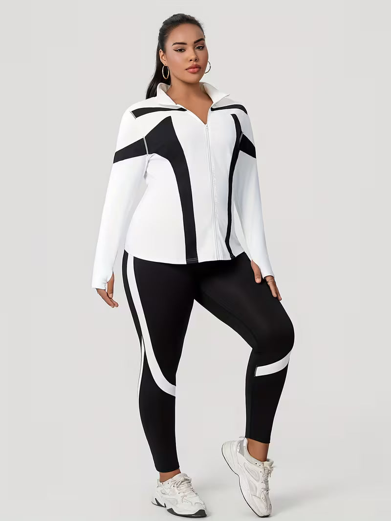 Plus Size Women's Color Block Patchwork Jacket with Leggings Set