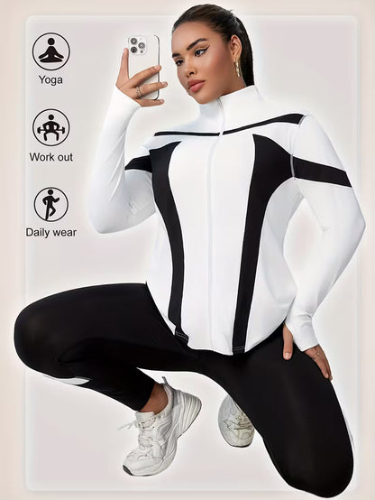 Plus Size Women's Color Block Patchwork Jacket with Leggings Set