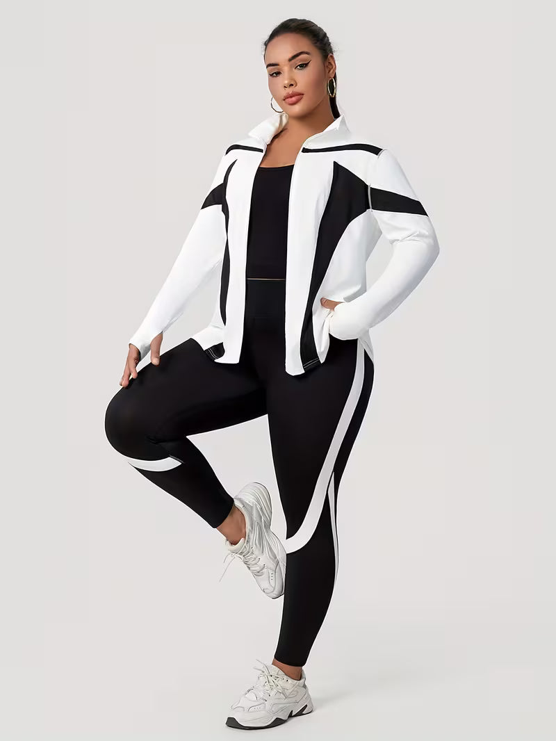 Plus Size Women's Color Block Patchwork Jacket with Leggings Set