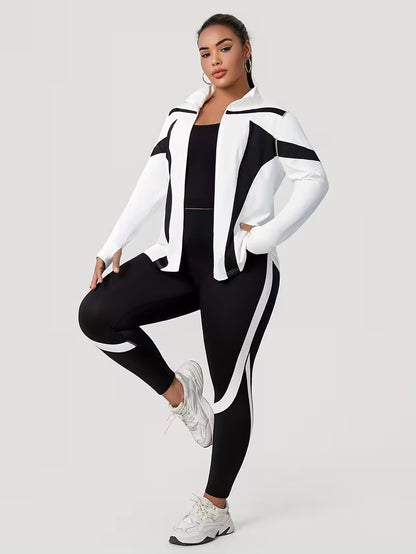 Plus Size Women's Color Block Patchwork Jacket with Leggings Set