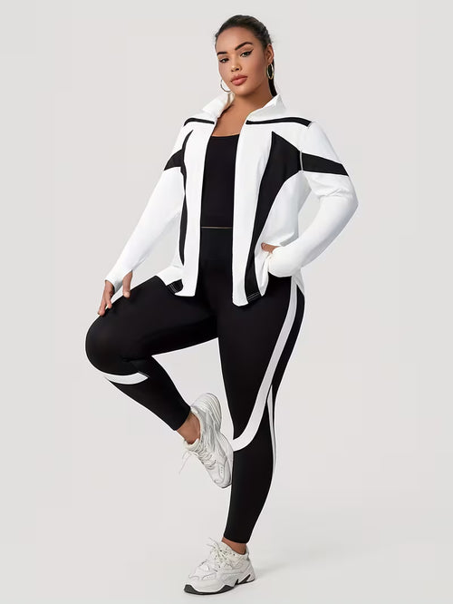 Plus Size Women's Color Block Patchwork Jacket with Leggings Set